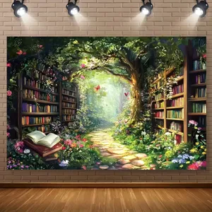 Fantasy forest library photography backdrop with fairy tale theme for party decorations