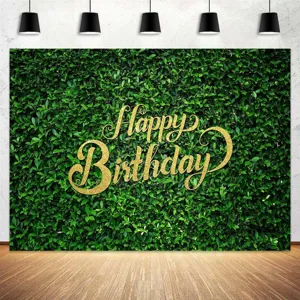 Green leaf birthday photography backdrop with gold glitter Happy Birthday text decoration