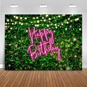 Happy Birthday green leaves photography backdrop with fairy lights and pink neon sign