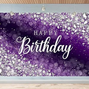 Elegant purple birthday photography backdrop with glitter diamonds and Happy Birthday text