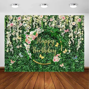 Green leaf and floral birthday photography backdrop for indoor party wall decoration