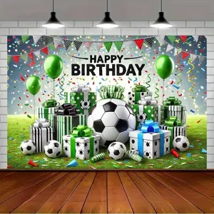 Soccer themed happy birthday party photography backdrop with football and gift box designs