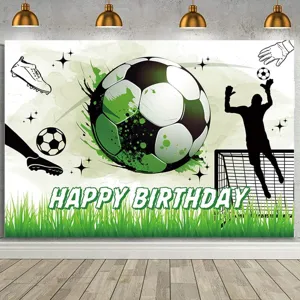 Soccer themed happy birthday photo backdrop with player silhouette and grass design