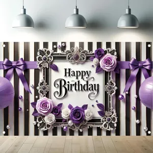 Elegant purple floral birthday photography backdrop featuring black stripes and roses