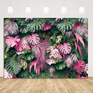 Tropical rainforest photography backdrop with vibrant pink and green Monstera leaves