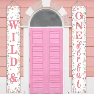 1st birthday party door banners with WILD & ONEderful floral design on pink door