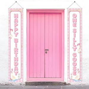 Pink silly goose themed 1st birthday party porch banners for festive outdoor decoration