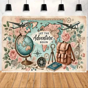 Travel adventure photography backdrop featuring Let the Adventure Begin text for party decor