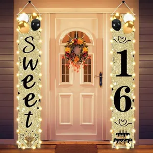 Bannières d'anniversaire Sweet 16 à paillettes dorées avec lumières LED pour porte.