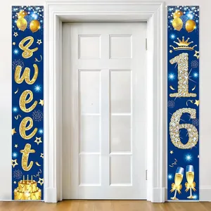 Bannières d'anniversaire Sweet 16 bleu marine et or pour la décoration de porte intérieure