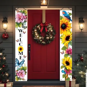 Spring pastoral door banners featuring sunflowers, birds, and Welcome message decor