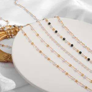 Chaîne perlée plaquée or 18 carats avec perles noires pour bijoux DIY