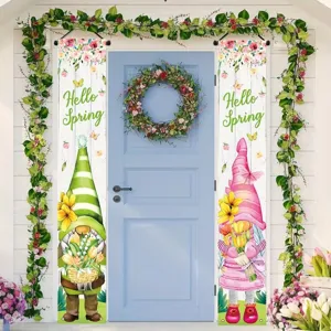 Ensemble de Bannières de Porche Nain de Printemps Drapeau Suspendu Vertical en Poliestere Floral pour Décoration de Maison Jardin Extérieur Intérieur