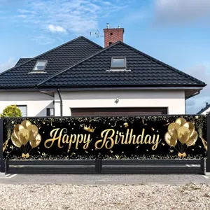 Black And Gold Happy Birthday Banner Outdoor Yard Decorations Large Horizontal Polyester Backdrop With Balloon Crown Pattern For Party