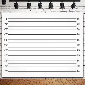Mugshot lineup photography backdrop with imperial height measurement markings for studio party