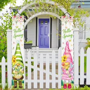Lot de 2 bannières de porche Hello Spring avec d'adorables gnomes et des motifs de fleurs