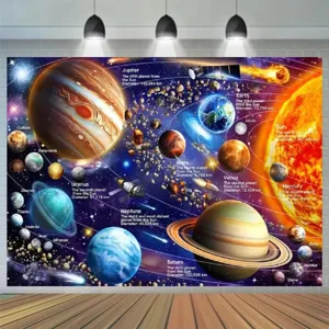 Pädagogischer Sonnensystem Fotohintergrund mit Planetenbeschreibungen für Partys