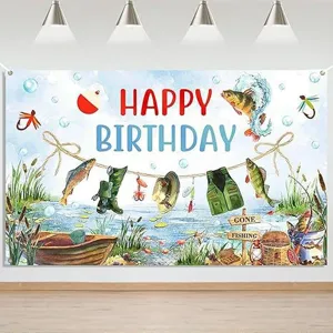 Pancarta de fondo de feliz cumpleaños con tema de pesca vintage para decoración de fiestas