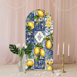 Arch backdrop cover with vintage blue tile and fresh lemon print for wedding parties
