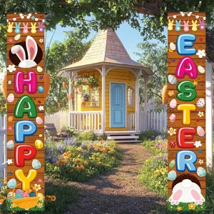 Dekorative Happy Easter Türbanner-Sets mit bunten Hasen- und Eierdesigns für den Garten