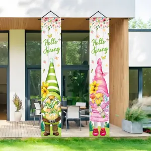 Bannières de printemps pour porche avec texte Hello Spring et nains de jardin mignons deco