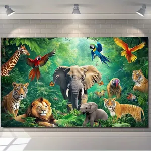 Vibrant tropical rainforest wildlife photography backdrop with lions and elephants