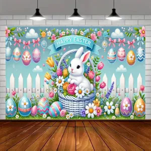 Festlicher Oster Fotohintergrund mit weißem Hasen und bunten Eiern für Frühlingsfeiern