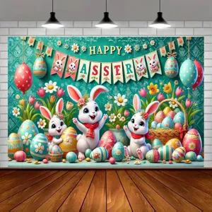 Farbenfroher Osterfotohintergrund mit niedlichen Kaninchen und bunten Eiern Deko