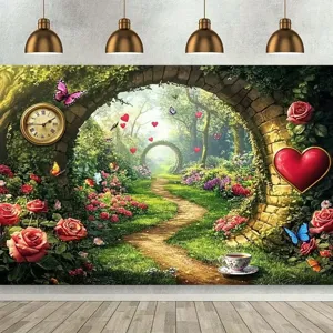 Sfondo fotografico di foresta incantata con rose e arco per decorazioni di feste
