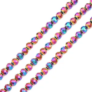 Close-up detail of iridescent faceted nano-plated hematite beads for DIY jewelry