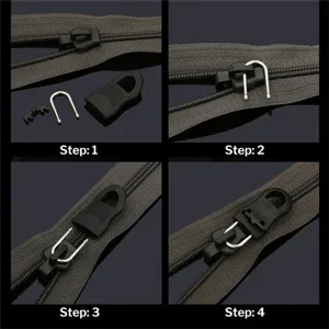 Détail montrant le guide d'installation en 4 étapes pour tirette de fermeture éclair