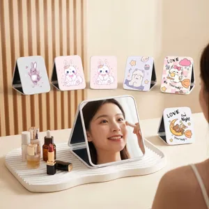 Miroir de Maquillage Pliable en Dessin Animé Cuir PU Miroir HD Portable avec Support de Téléphone pour Femmes Filles Cadeau