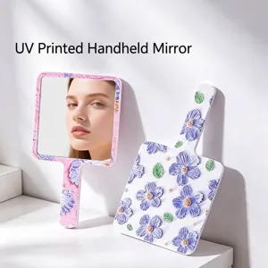 Handheld Square Mirror With Handle 3D Embossed Floral Oil Painting Style Portable Vanity Mirror For Makeup Travel Women Gift