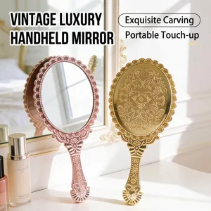 Vintage Handheld Makeup Mirror With Handle Embossed Floral Pattern Electroplated Plastic Frame Portable Vanity Mirror For Women