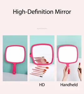 High-definition handheld makeup mirror featuring a pink frame and large square surface