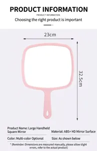 Large handheld pink makeup mirror with hanging handle and square high-definition glass