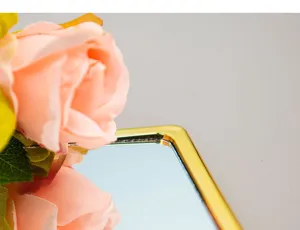 Close-up of portable makeup mirror showing elegant gold electroplated frame and clear glass