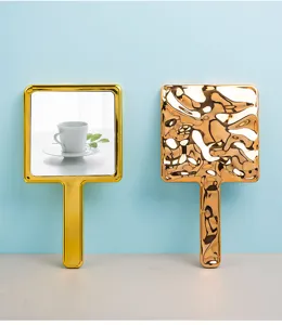 Premium gold electroplated handheld vanity mirrors with square shape and ergonomic handle