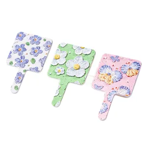 Set of three portable square handheld mirrors with 3D oil painting floral patterns.