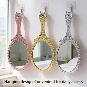 Vintage European Handheld Makeup Mirror Elegant Floral Embossed Handle Mirror Electroplated Plastic Portable Mirror For Women Beauty Tool