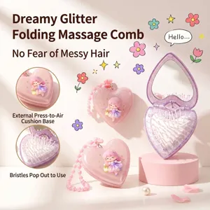 Portable Heart Shaped Glitter Folding Makeup Mirror With Comb Girly Style Heart Mirror Comb Combo Set With Pendant