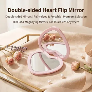 Heart Shaped Double Sided Folding Makeup Mirror Portable High Definition Mini Pocket Mirror ABS Frame Vanity Mirror For Women Travel Daily Use