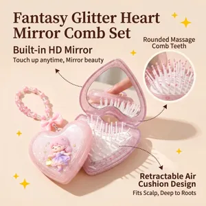 Portable pink glitter heart mirror comb with folding massage hairbrush and fairy