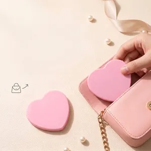 Compact heart-shaped pink folding makeup mirror for travel and daily makeup touch-ups