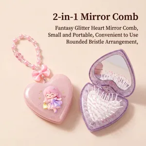 Cute glitter heart-shaped portable hair brush and mirror set with cartoon character detail