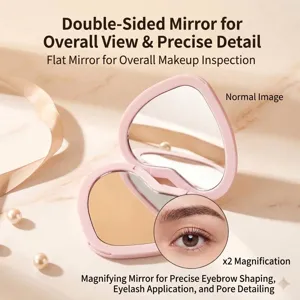 Portable pink heart-shaped folding compact makeup mirror with double-sided design