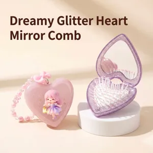 Glitter heart shaped portable hair comb with mirror and cute cartoon character detail