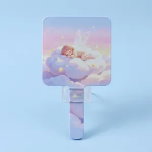 Mignon miroir à main carré portable avec motif d'ange endormi sur des nuages