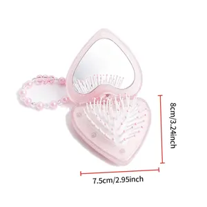 Compact pink glitter heart-shaped folding mirror hairbrush with pink beaded handle
