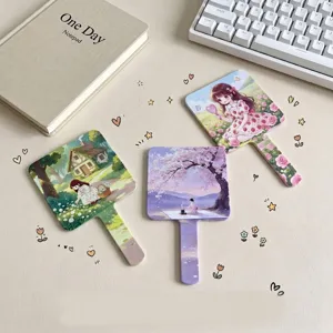 Miroir de Maquillage Portable Carré Avec Poignée Pour Femmes Fille Illustration de Dessin Animé Miroir En Verre Haute Définition En Plastique Rose Violet